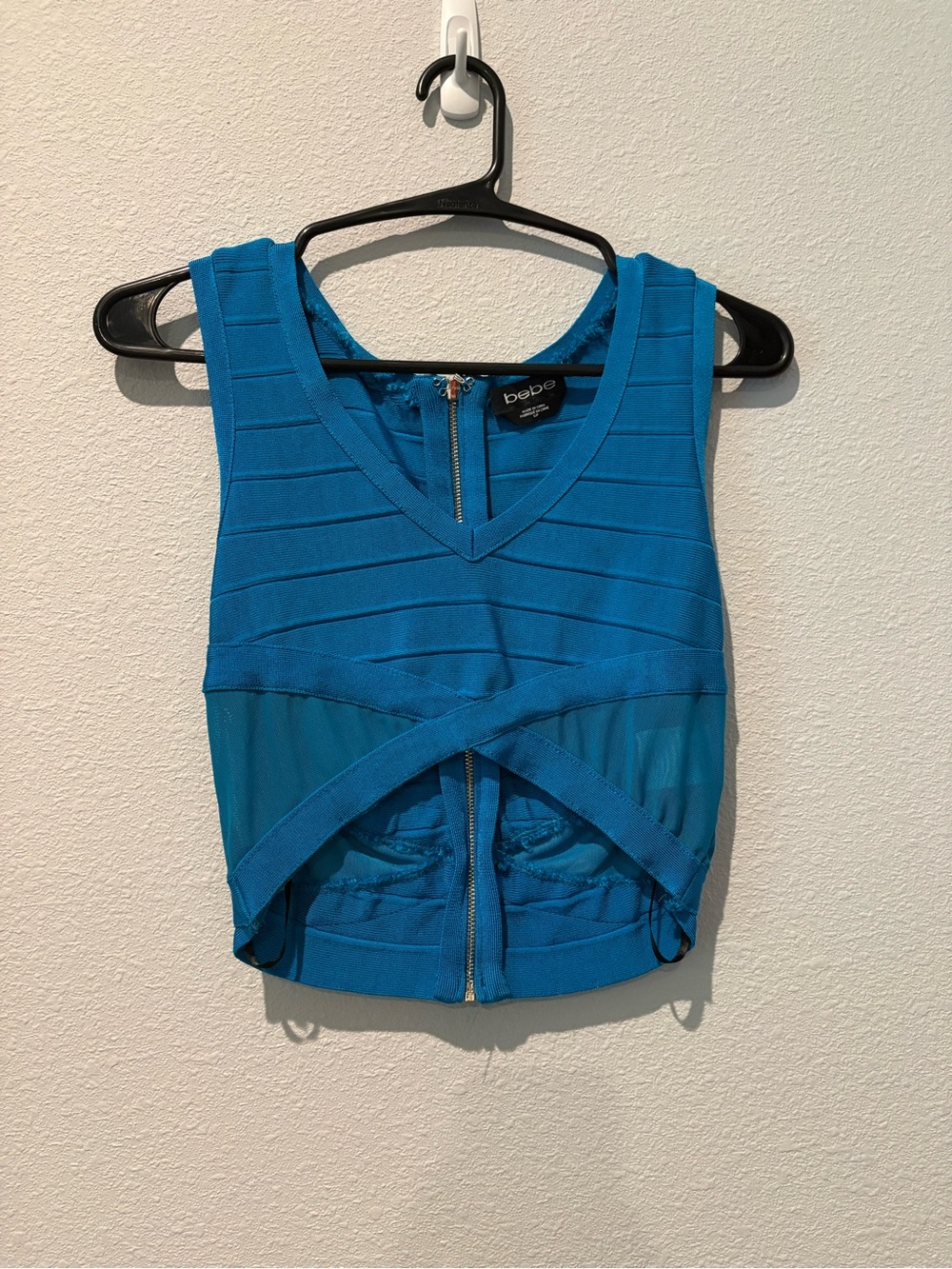 bebe Teal V-Neck Cropped Bandage Tank with back Zipper and mesh paneling